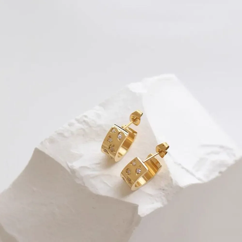 18K Gold Plated Diamond CZ Brilliant Star Small Hoop Earrings